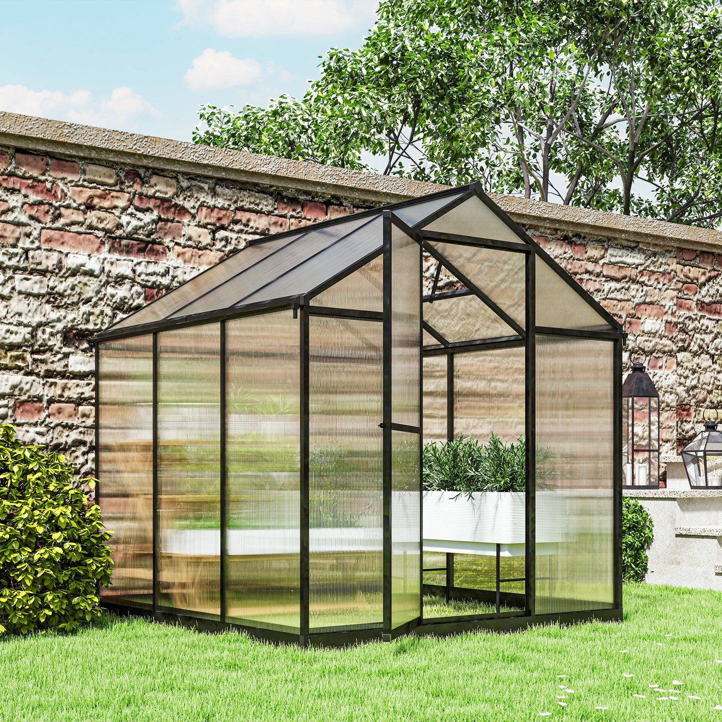 6' x 8' x 6.4' Polycarbonate Greenhouse, Aluminum Walk-In Green House Kit Garden, Plants Grow with Rain Gutter and Roof Vent, Charcoal Grey