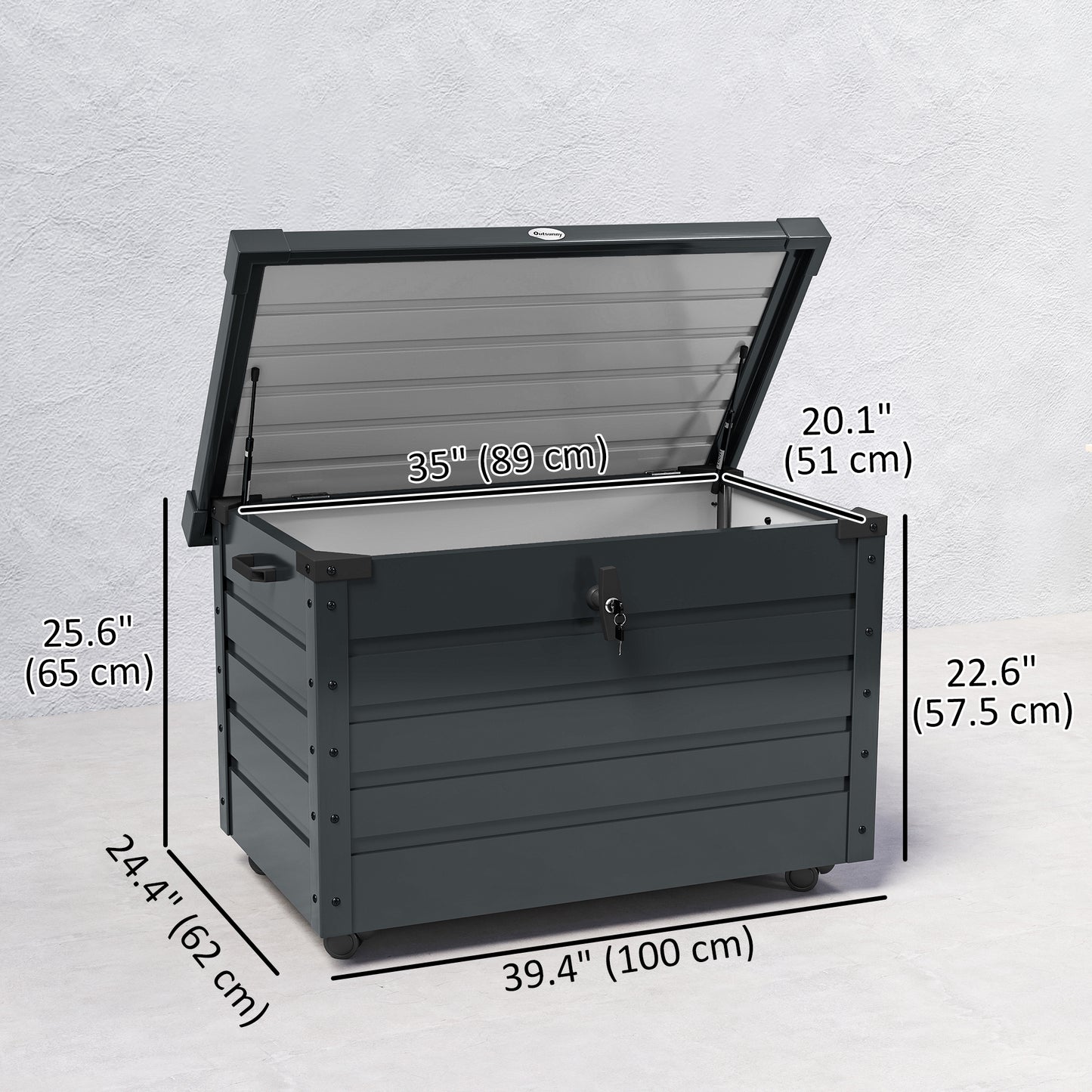 78 Gallon Garden Storage Box, Waterproof Outdoor Storage Container with Wheels and Handles, Dark Grey