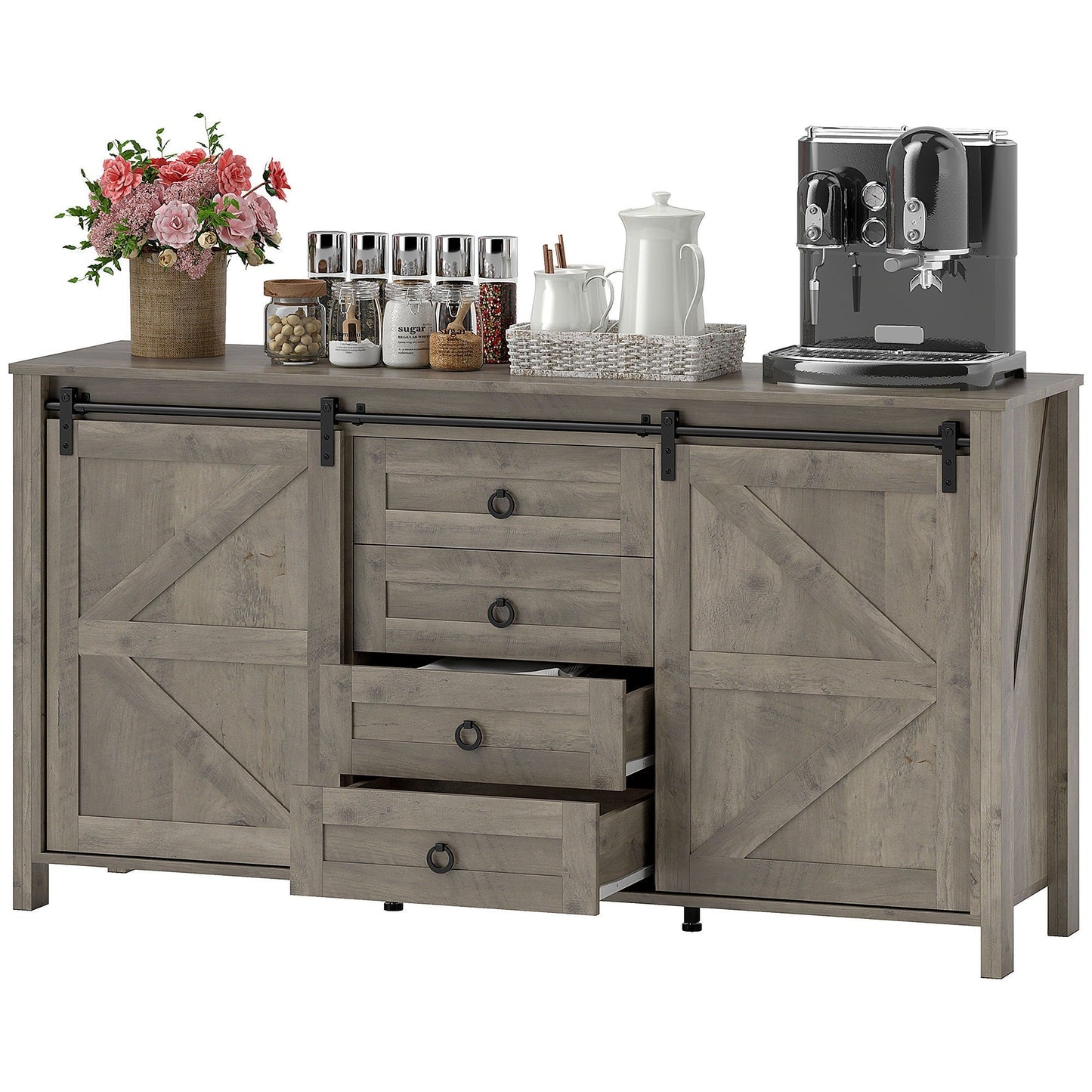 60" Farmhouse Buffet Cabinet with Sliding Barn Doors - Distressed Light Grey