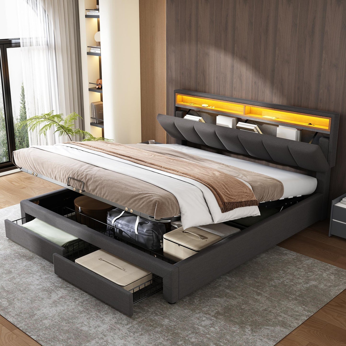 Queen Size Hydraulic Storage Bed with Remote-Controlled LED Headboard, Solid Bed Frame with Reinforced Leg, 84'' L x 61.5'' W x 39'' H, Grey