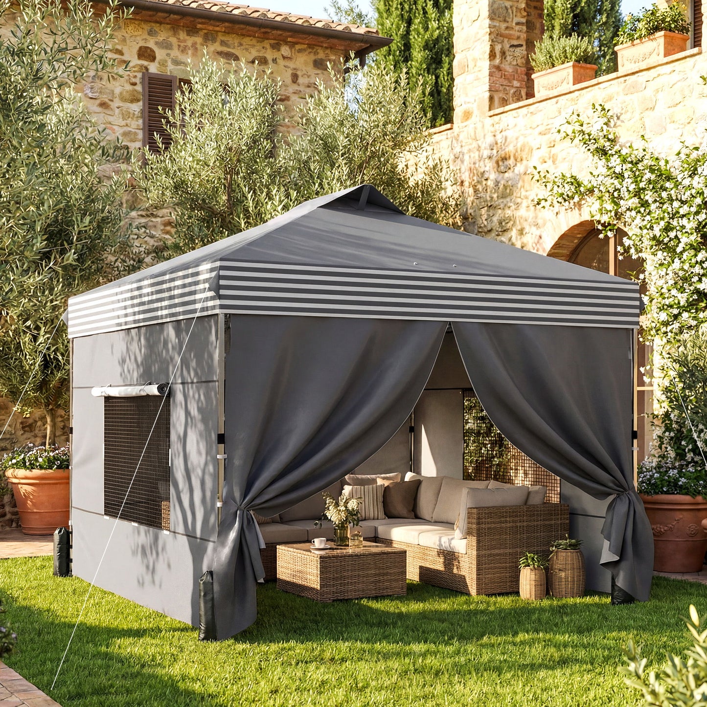 10 x 10 ft Pop Up Canopy Tent with 4 Sidewalls, UPF 50+ 1-Button Push Outdoor Instant Canopy with Wheeled Bag, Dark Grey