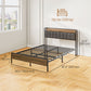 Queen Size Bed Frame with Charging Station, Queen Bed Frame with Upholstered Headboard and Storage Shelf, Walnut