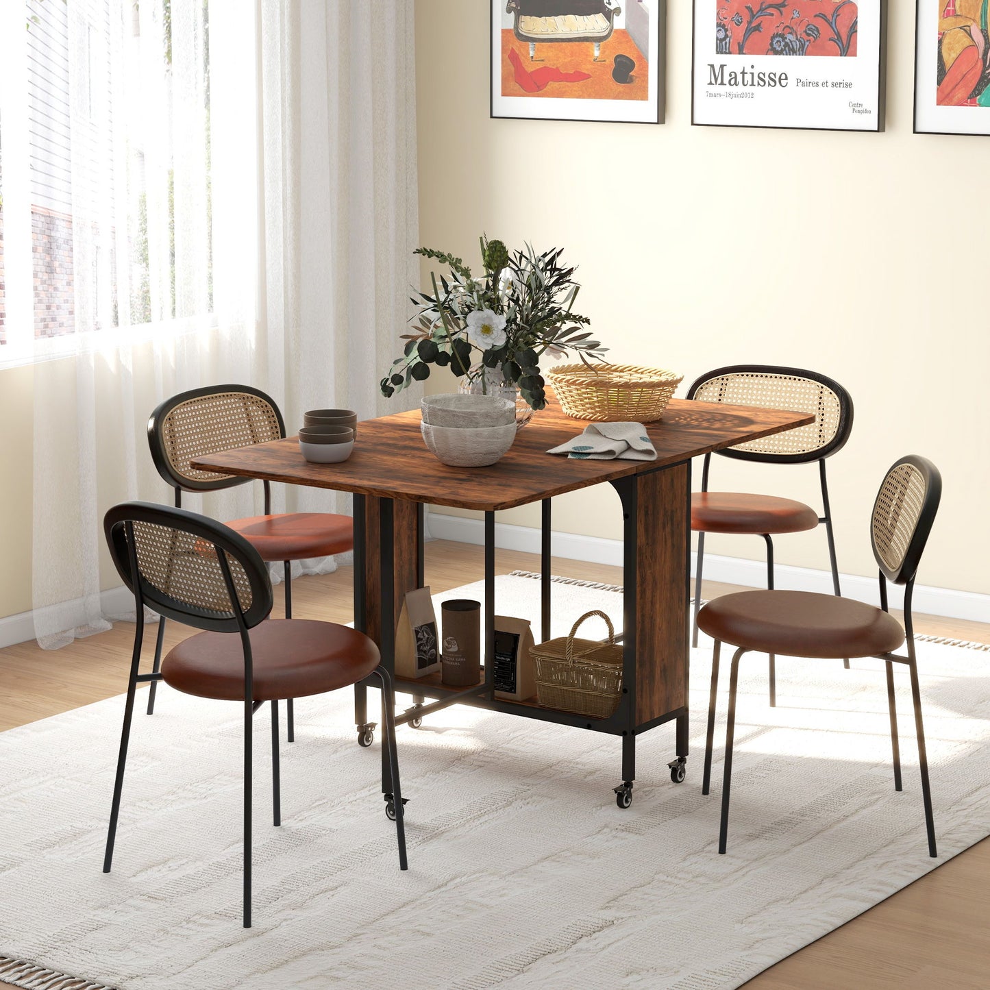 Folding Dining Table, Extendable Kitchen Table for Small Spaces with Storage Shelf and 6 Wheels, Rustic Brown