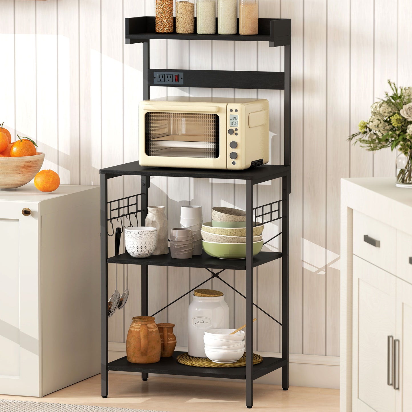 Kitchen Baker's Rack with Power Outlet, Coffee Bar Station with Adjustable Shelves and Hooks, Distressed Black