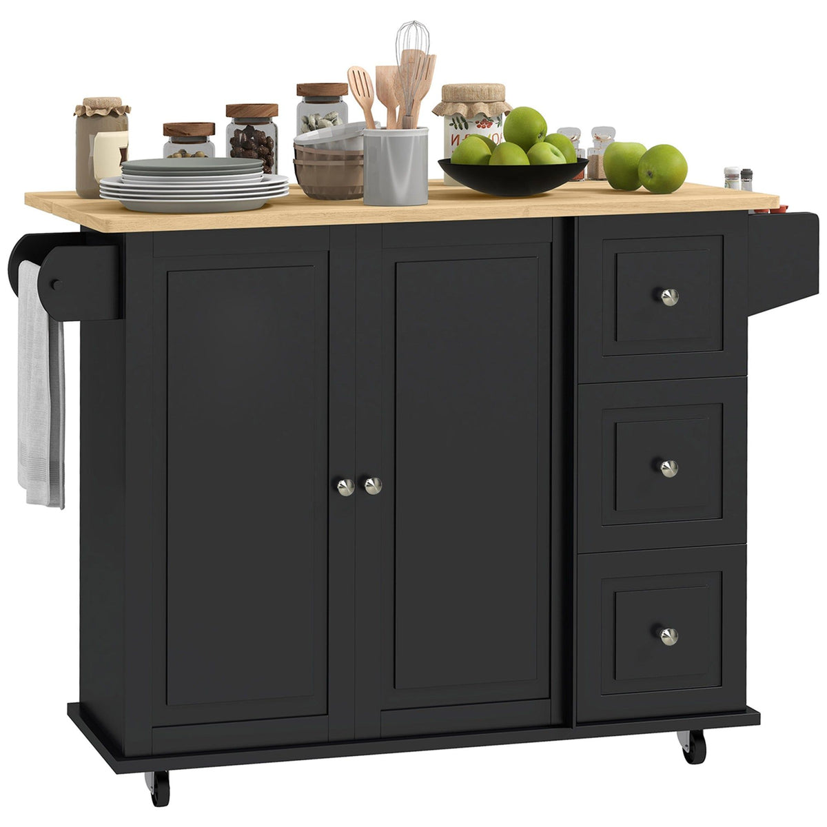 Kitchen Island Cart with Drop Leaf and Drawers - Black