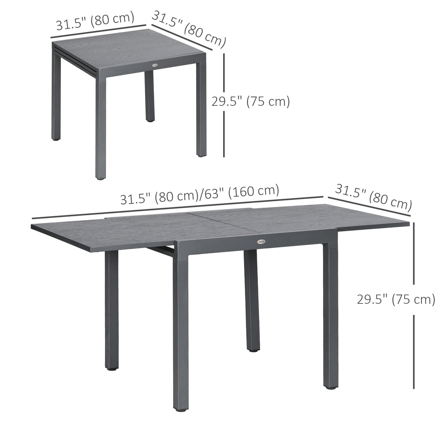 31.5"-63" Extendable Outdoor Dining Table for 4-6 with Aluminium Frame, Steel Tabletop Dark Grey