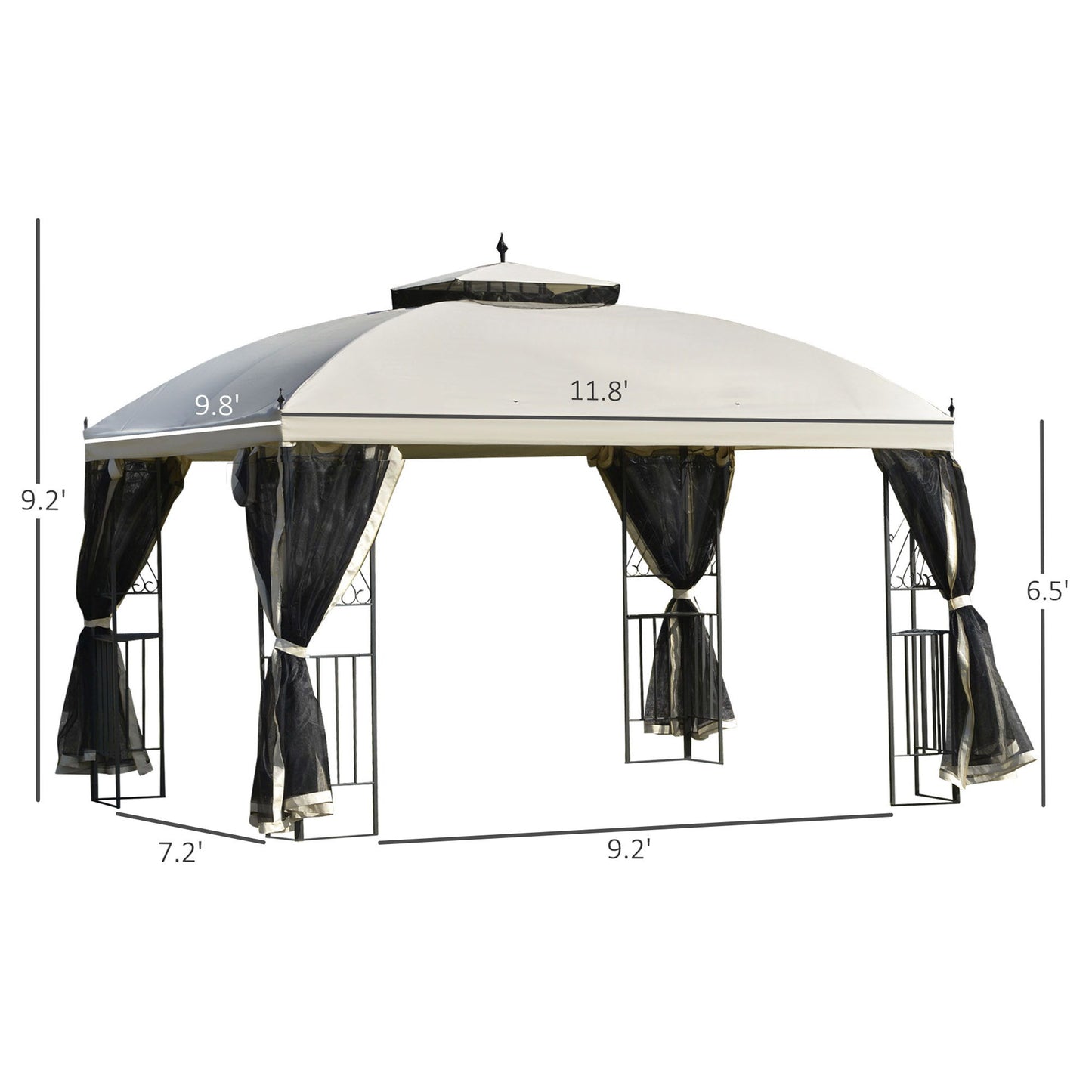 12' x 10' Outdoor Patio Gazebo Canopy with Double Tier Roof, Removable Mesh Sidewalls, Triangular Display Shelves, Beige