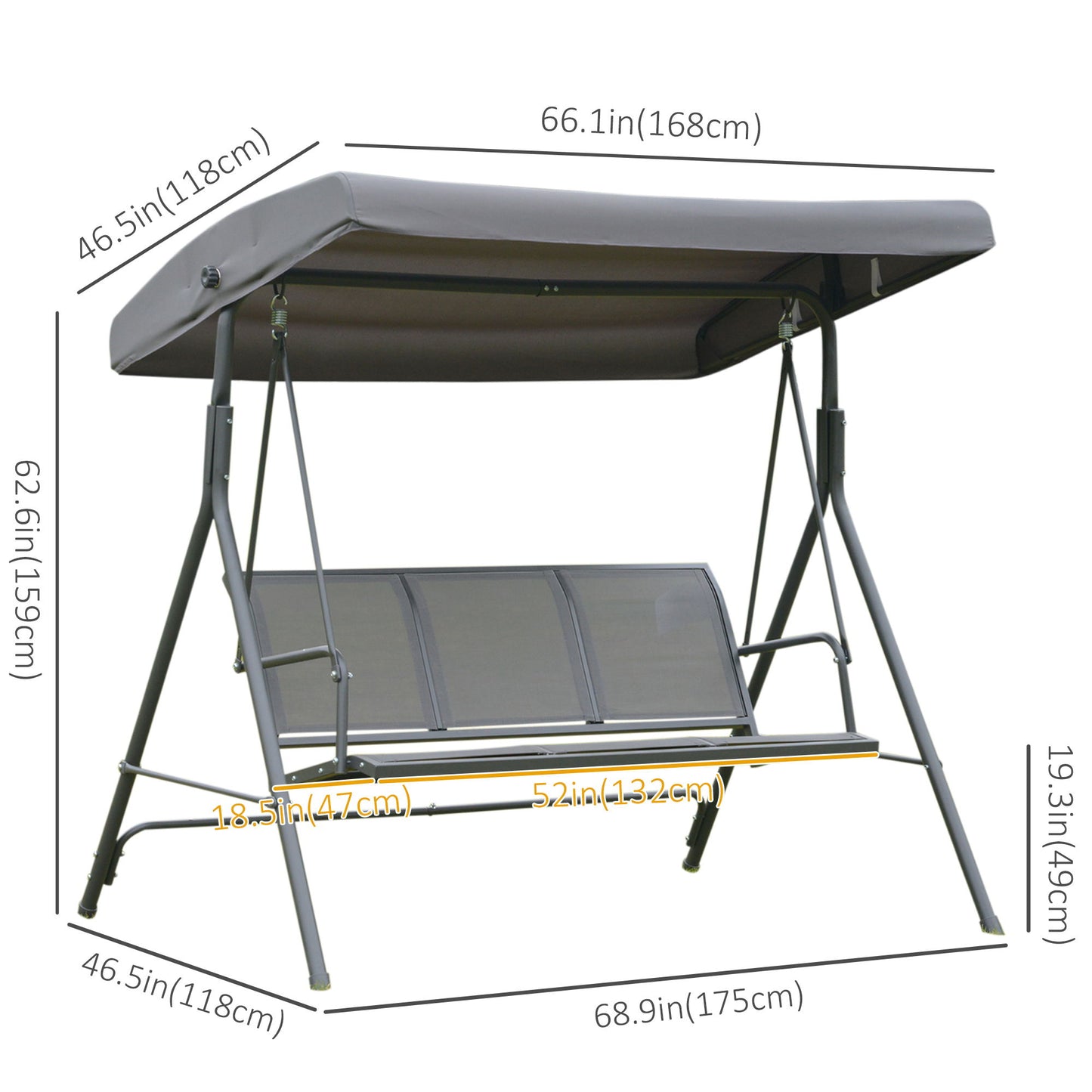 3-Seater Swing Chair Covered Garden Hammock A-Frame Outdoor Porch Glider Sling Seat with Adjustable Canopy Cover, Grey