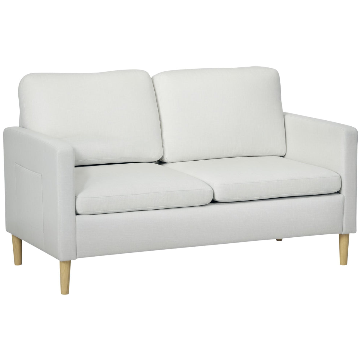 56" 2 Seat Sofa, Modern Love Seats Furniture, Upholstered 2 Seater Couch with Side Pockets, Solid Wood Frame, White