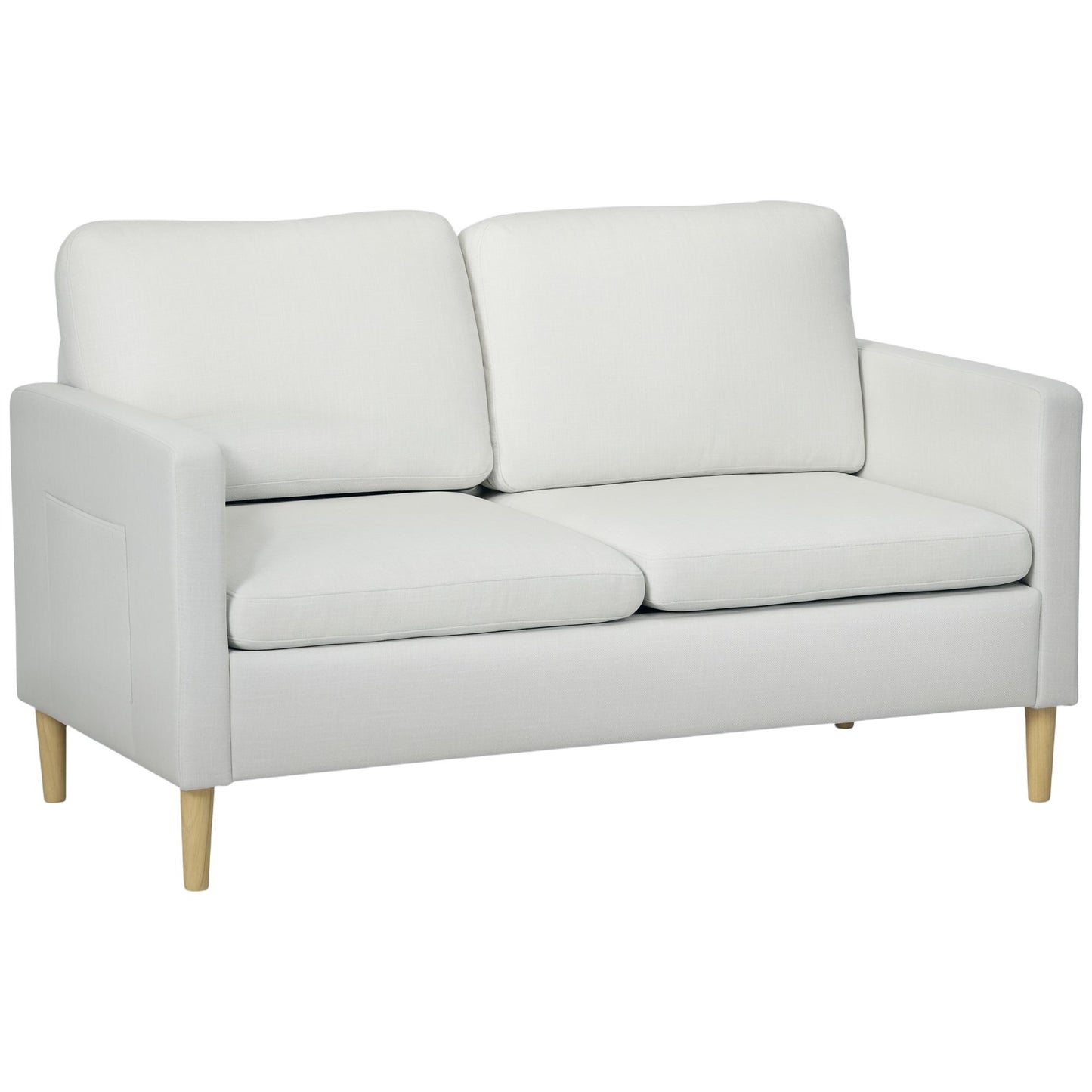 56" 2 Seat Sofa, Modern Love Seats Furniture, Upholstered 2 Seater Couch with Side Pockets, Solid Wood Frame, White