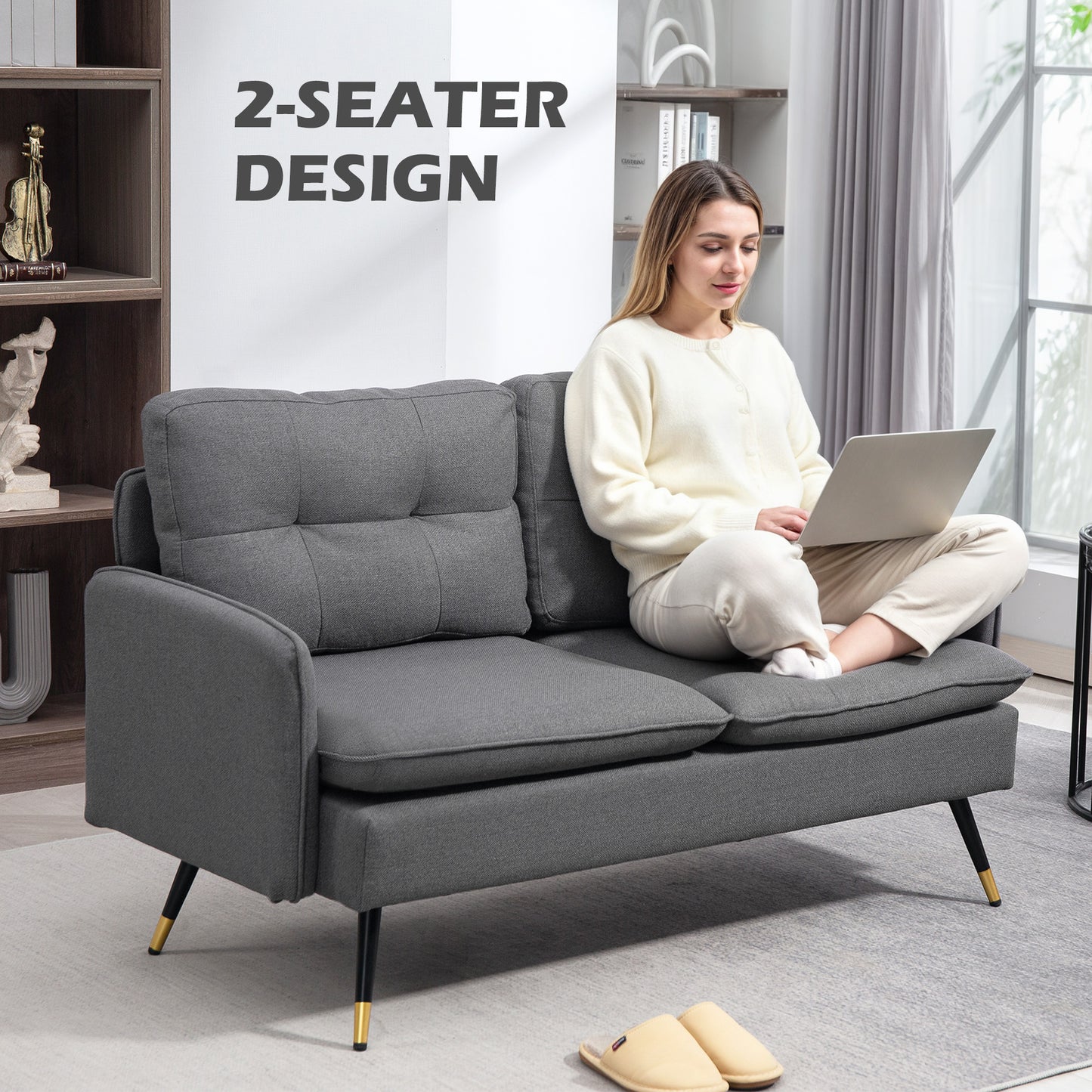 55" Loveseat Sofa, Linen Love Seat w/ S spring, Steel Legs and Button Tufting, Small Couch for Living Room, Dark Grey