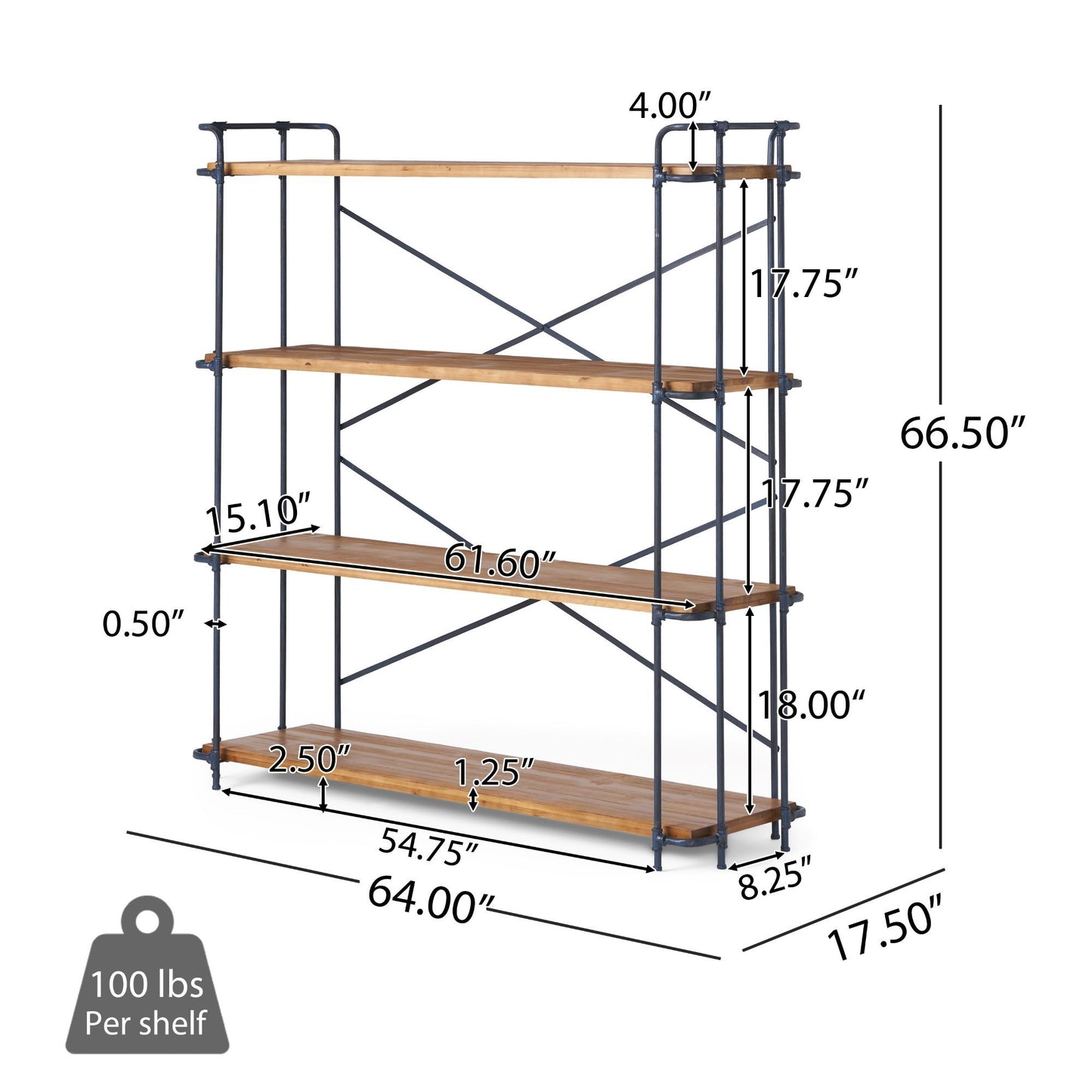 4-Shelf Minimalist Bookcase with Sleek Iron Frame, Industrial Design, Ideal for Patios, Backyard, 64" L x 17.5" W x 66.5" H, Natural