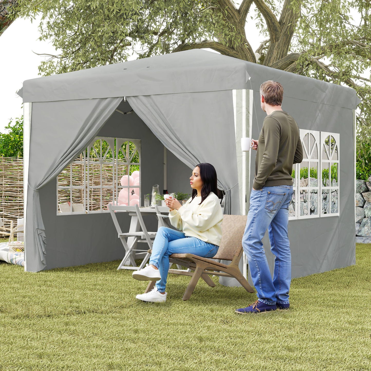 10' x 10' Pop-Up Canopy Tent with Sidewalls, Height-Adjustable, Carry Bag Included, for Outdoor, Garden, Patio, Light Grey