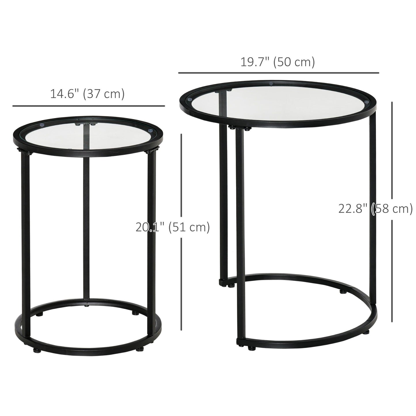 Set of 2 Round Nesting Coffee Tables with Glass Top - Black