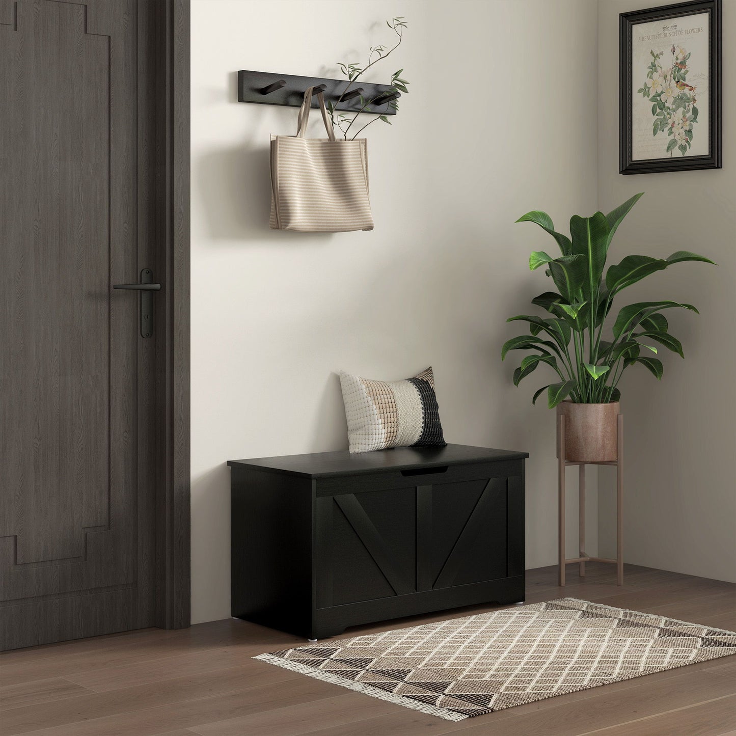 31.5 Inches Storage Chest, Storage Trunk with 2 Safety Hinges for Living Room, Black Wood Grain