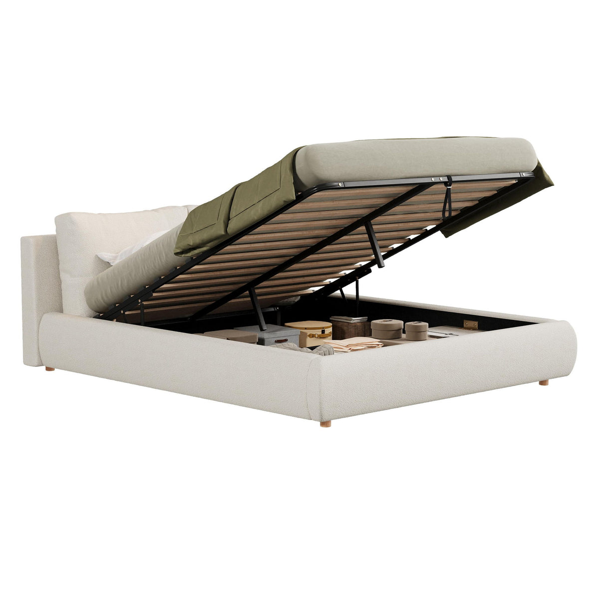 King Size Hydraulic Lift Storage Platform Bed with Washable Headrests, Sturdy Bed Frame with padded cushions, 91'' L x 80'' W x 37'' H, White