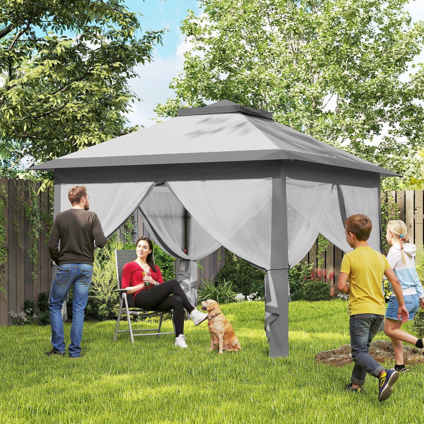 11' x 11' Pop Up Gazebo, Double Roof Foldable Height Adjustable Canopy Tent with Mesh Sidewalls, Carrying Bag, Grey