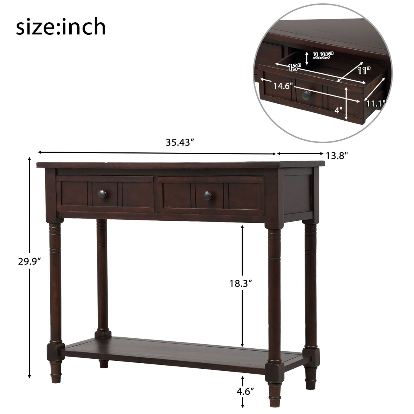 Daisy Series Console Table with Two Drawers and Bottom Shelf, Traditional Design, Pine Wood Frame, 35.5" L x 14" W x 30" H, Dark Brown