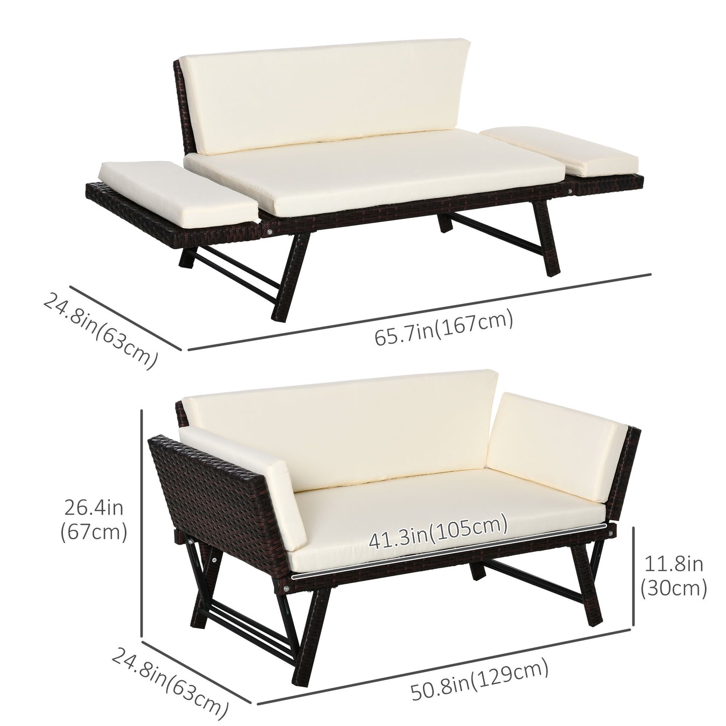 Convertible Rattan Sofa Bed Chaise Lounge Wicker Loveseat Armchair Double Seat with Cushion All Weather Patio Furniture Brown