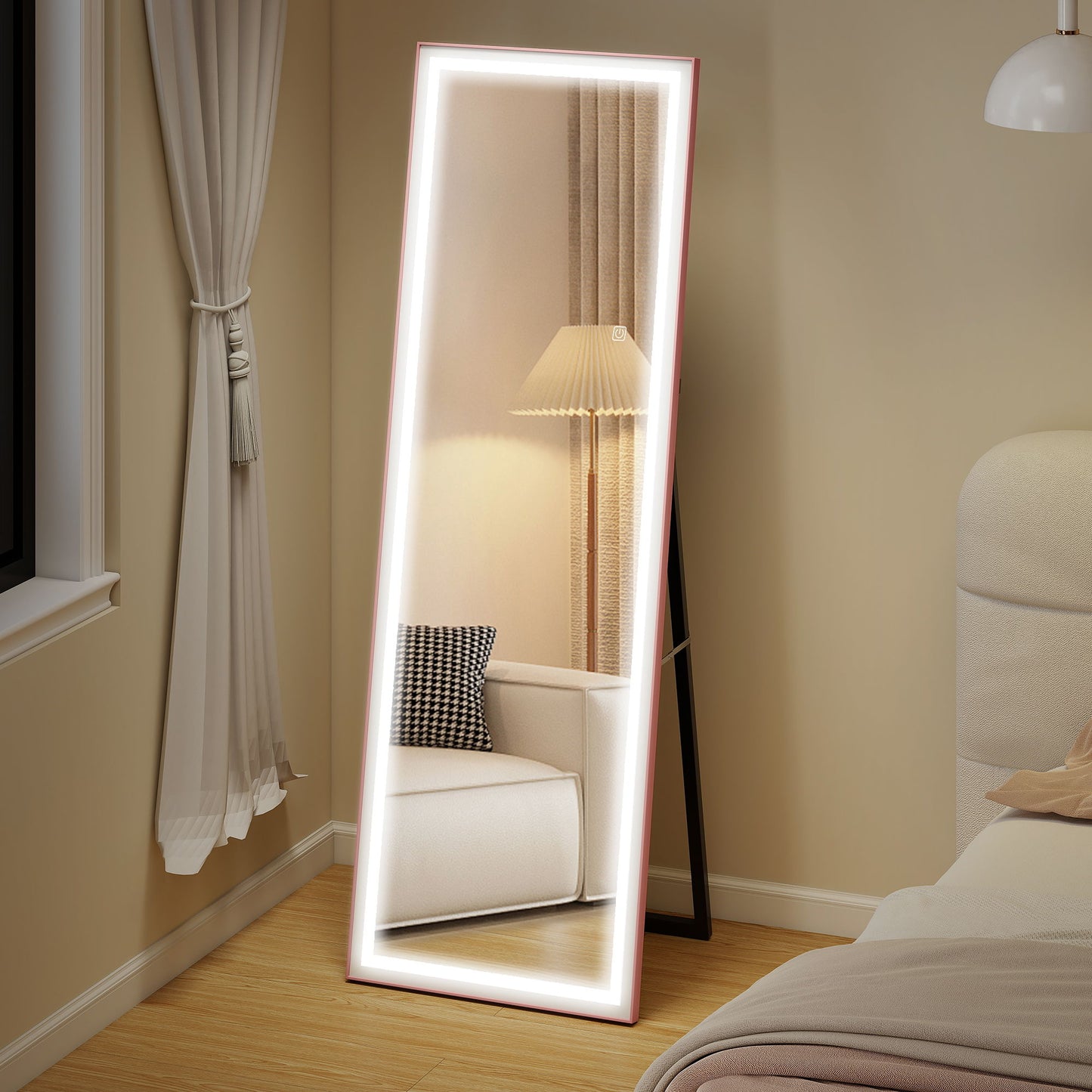 LED Mirror with Dimmable and 3 Colour Lights, 64" x 21" Rectangular Floor Mirror for Bedroom Living Room, Pink