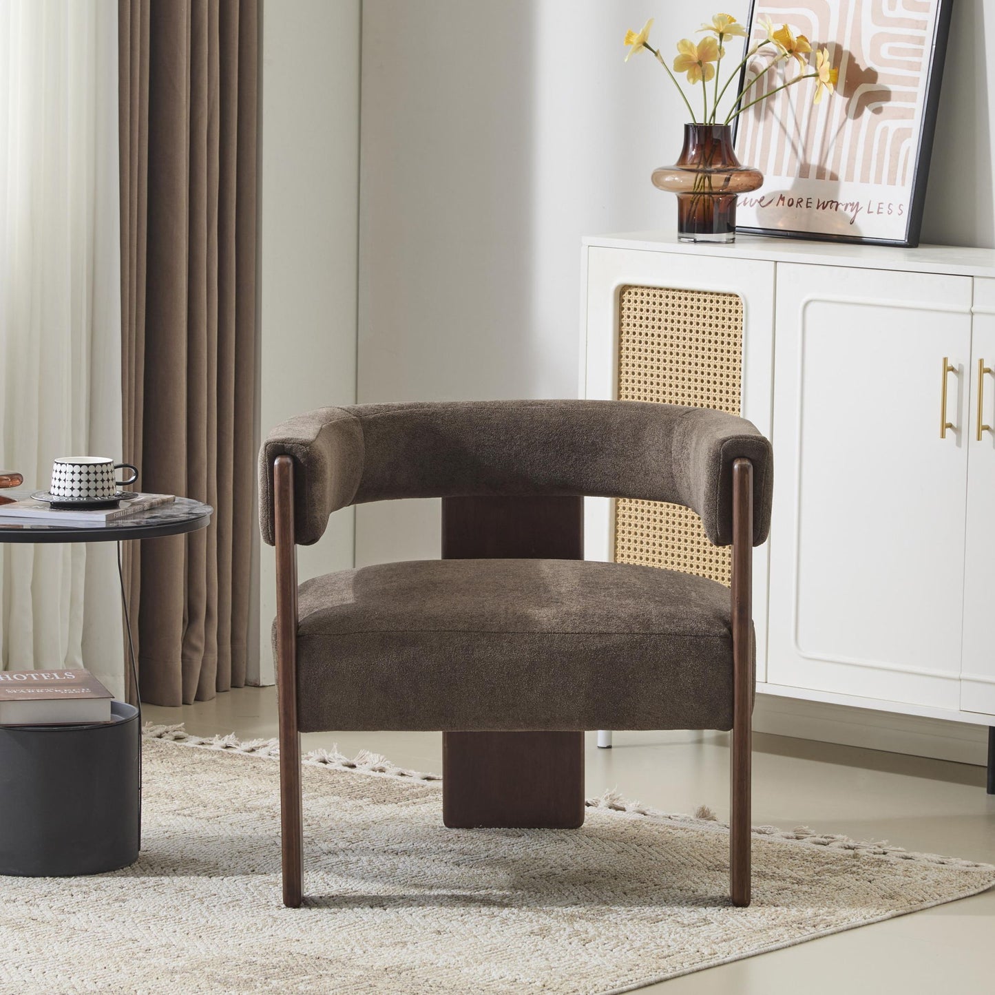 Modern Lounge Sofa Chair with Barrel-Back Design, Stylish Accent Armchair with 3-Leg Frame, 29.5" L x 26" W x 27" H, Dark Brown+Walnut