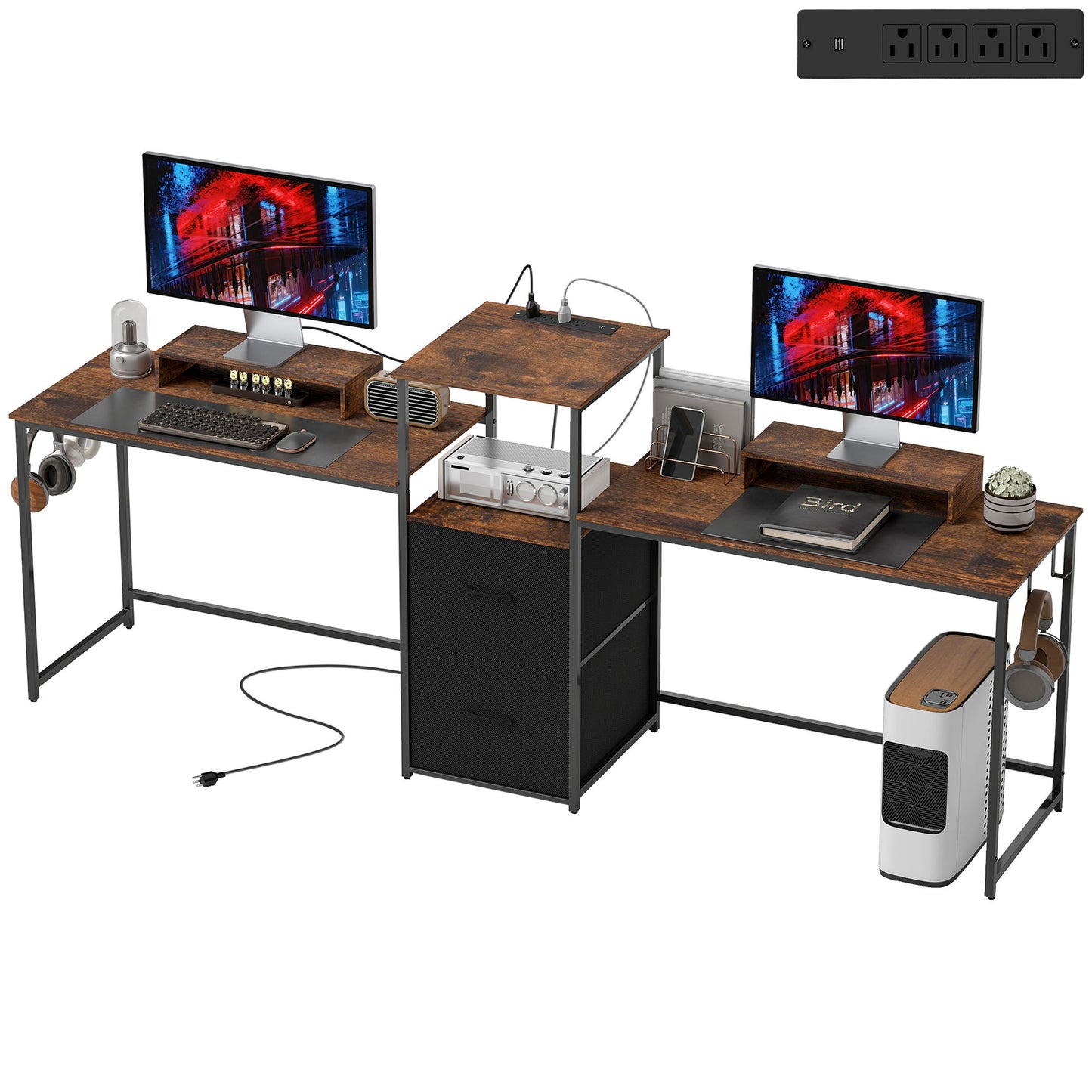96 Inch Gaming Desk, Dual Computer Desk for 2 Person with Power Outlets and Monitor Stands, Rustic Brown
