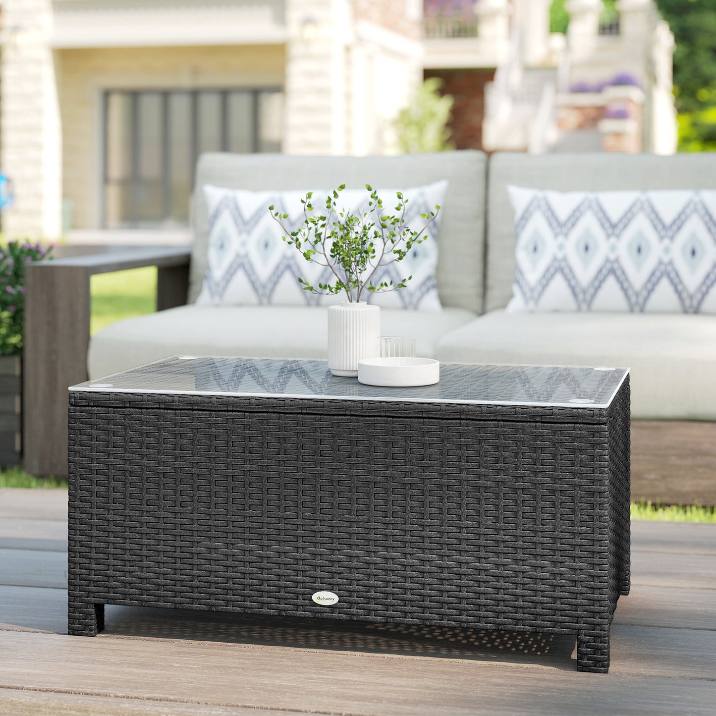 PE Wicker Outdoor Coffee Table with Glass Top Garden Patio Table, Dark Grey