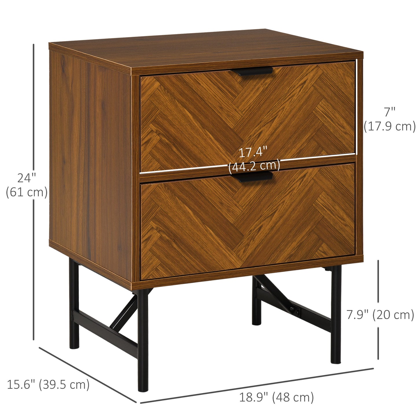 Bedside Table, Nightstand for Bedroom, End Side Table Dresser Storage with 2 Drawers, Walnut Brown