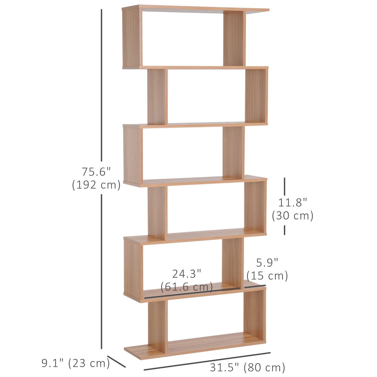76" 6-Tier Geometric Wooden Bookcase S Shaped Storage Display Bookshelf Modern shelf Open Concept Living Room Home Office Furniture, Maple