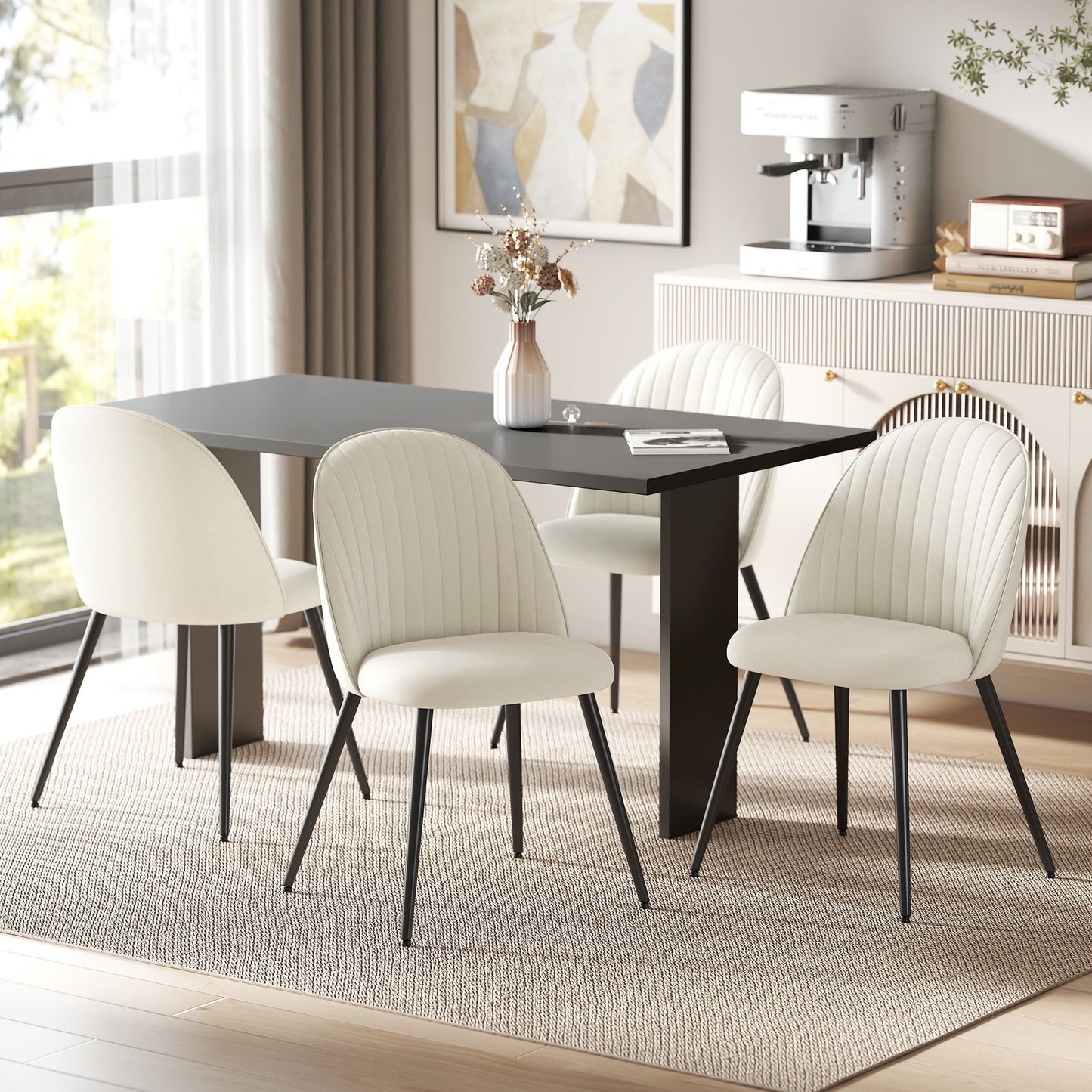 Set of 4 Modern Dining Chairs, Velvet Upholstered Kitchen Chairs with Steel Legs for Living Room, Cream White