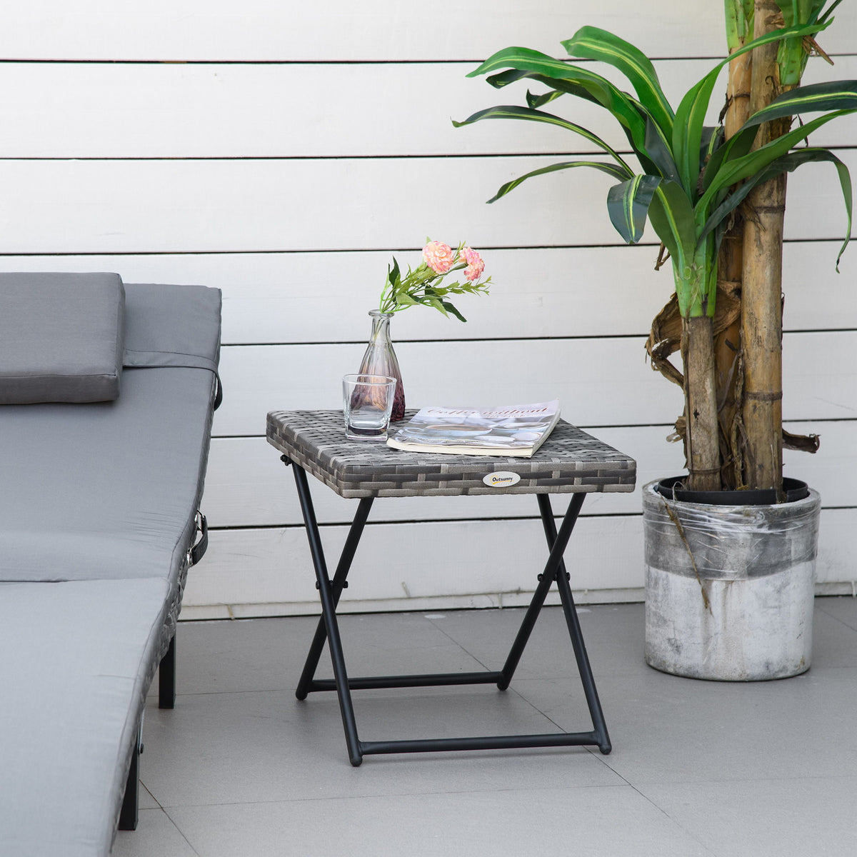 Rattan Coffee Table Folding Patio Outdoor Side Table Wicker for Balcony, Porch, Poolside, 15.75"x15.75"x15.75", Grey