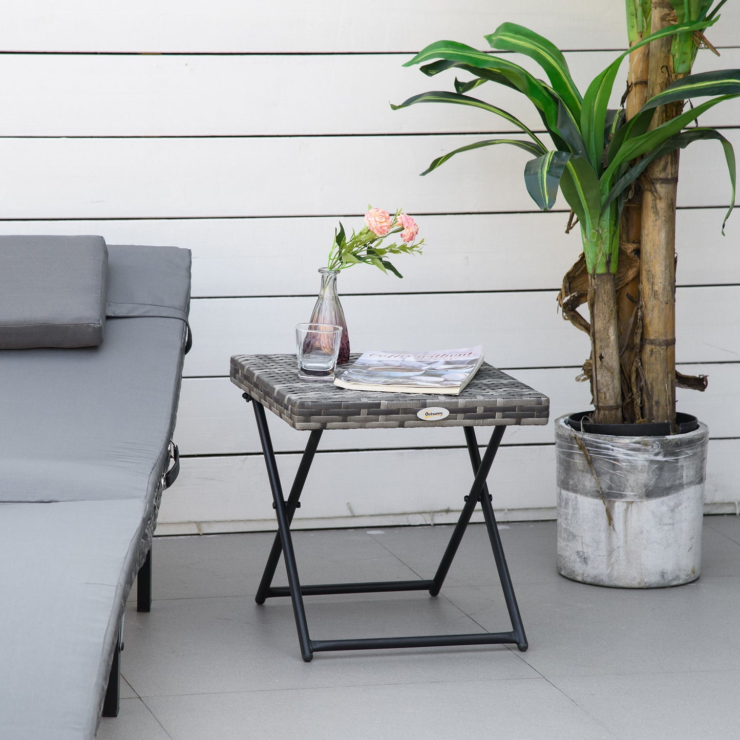 Rattan Coffee Table Folding Patio Outdoor Side Table Wicker for Balcony, Porch, Poolside, 15.75"x15.75"x15.75", Grey