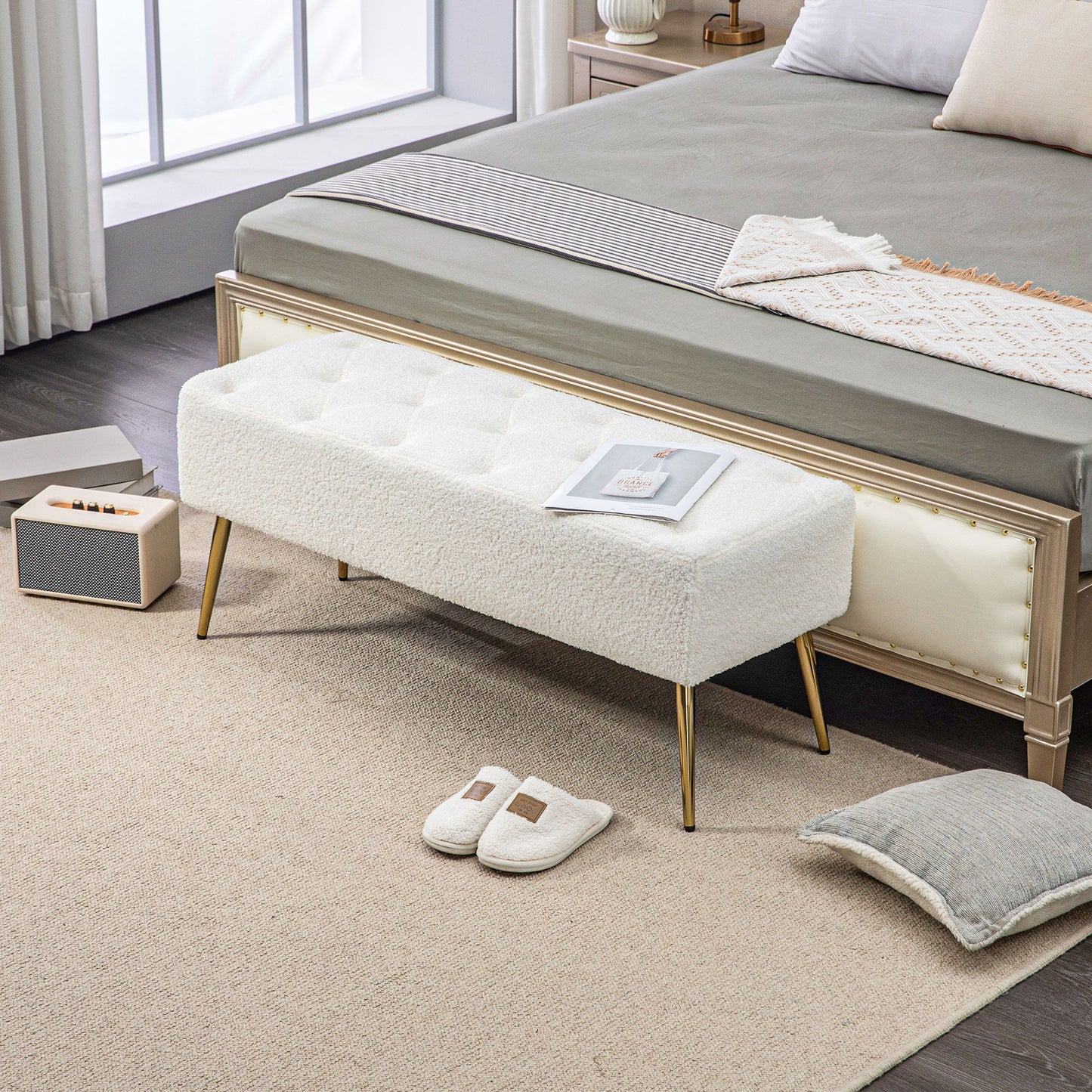 44" Lamb's Wool-Feel Upholstered Bedroom Bench, End of Bed Bench with Thick Padded Cushion and Steel Legs, Cream White
