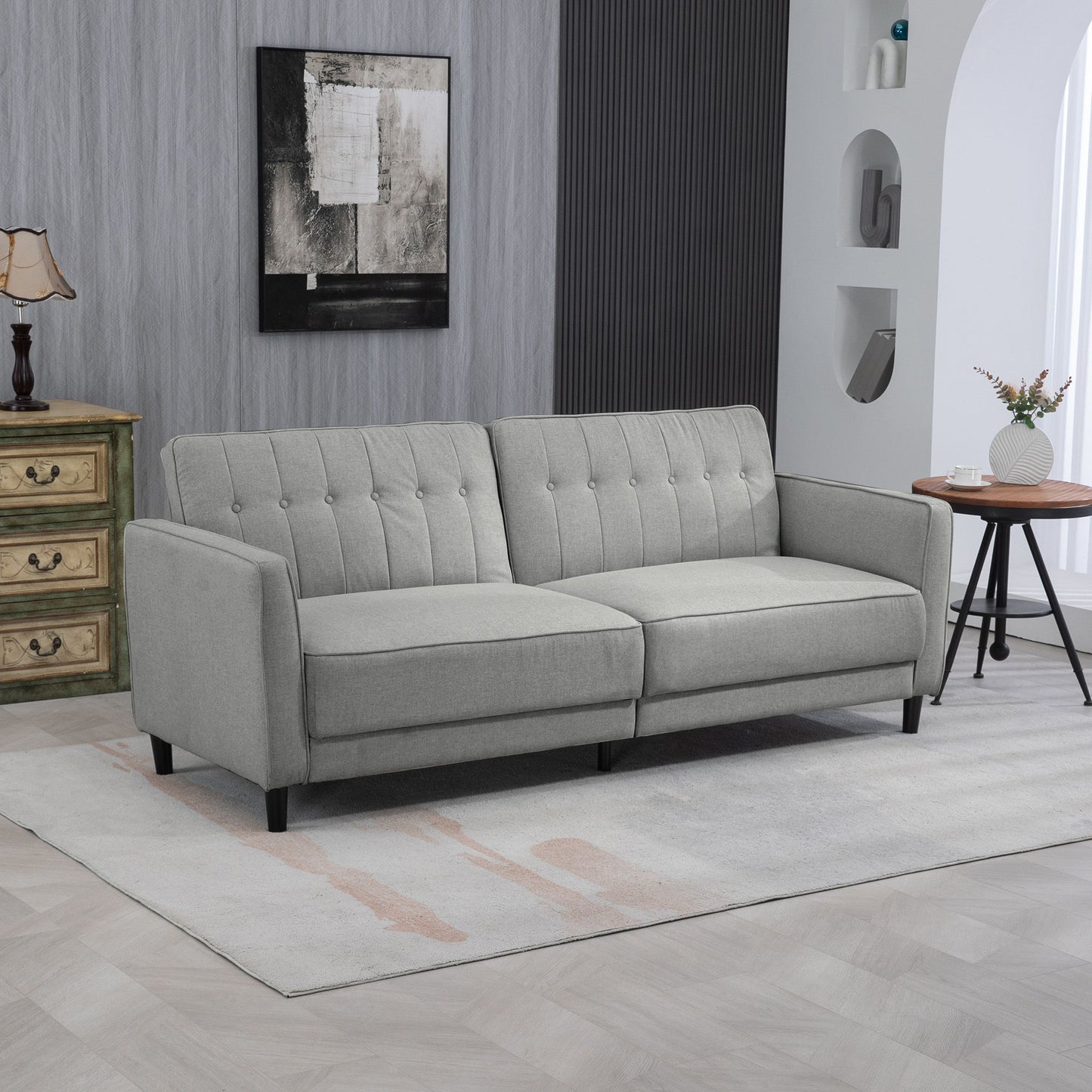 Convertible Bed with Couch, Button Tufted Fabric Sofa Bed with Adjustable Back for Living Room, Grey