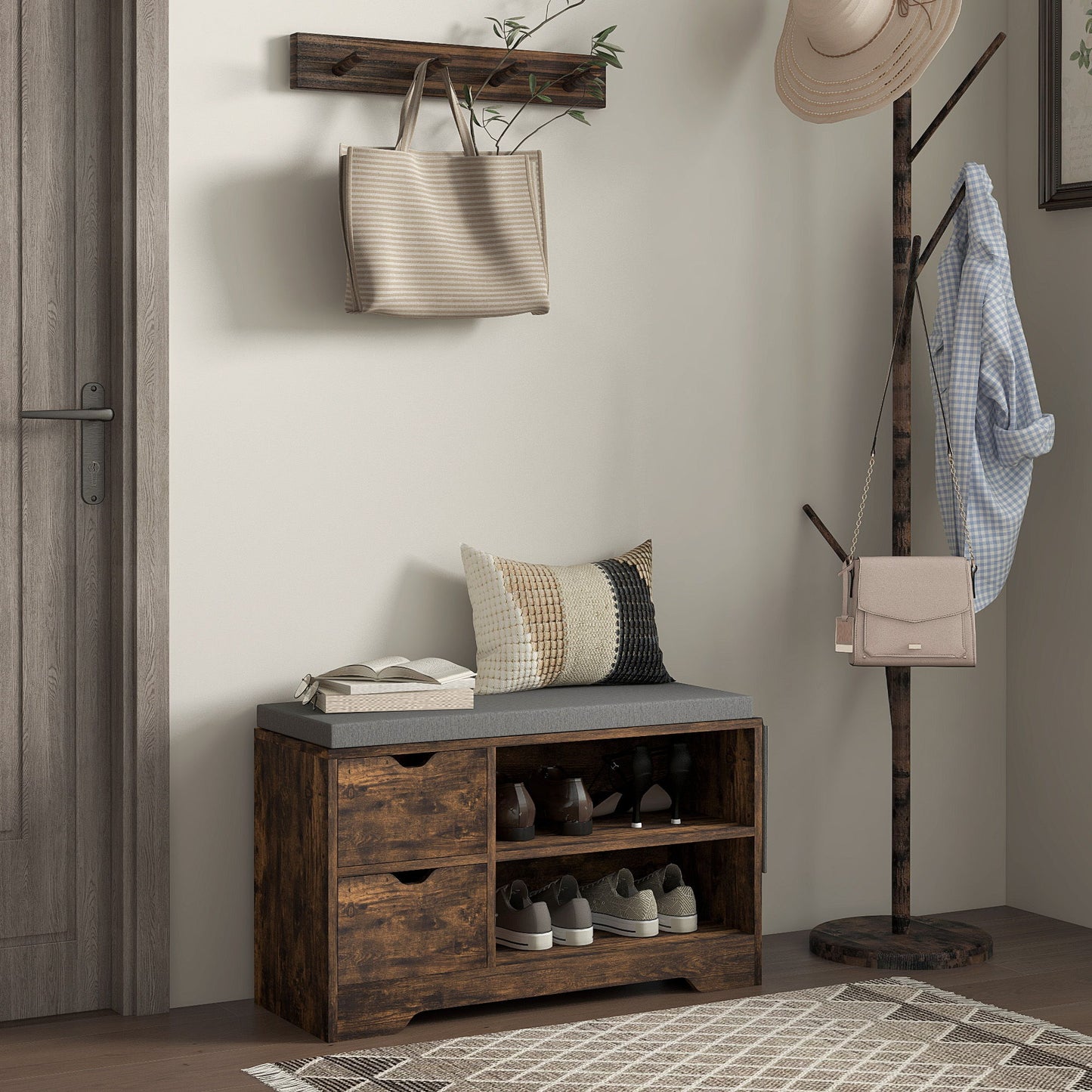 Upholstered Shoe Storage Bench w/ Seat, Entrance Bench w/ Drawer Open Shelves and Pocket for Hallway, Rustic Brown