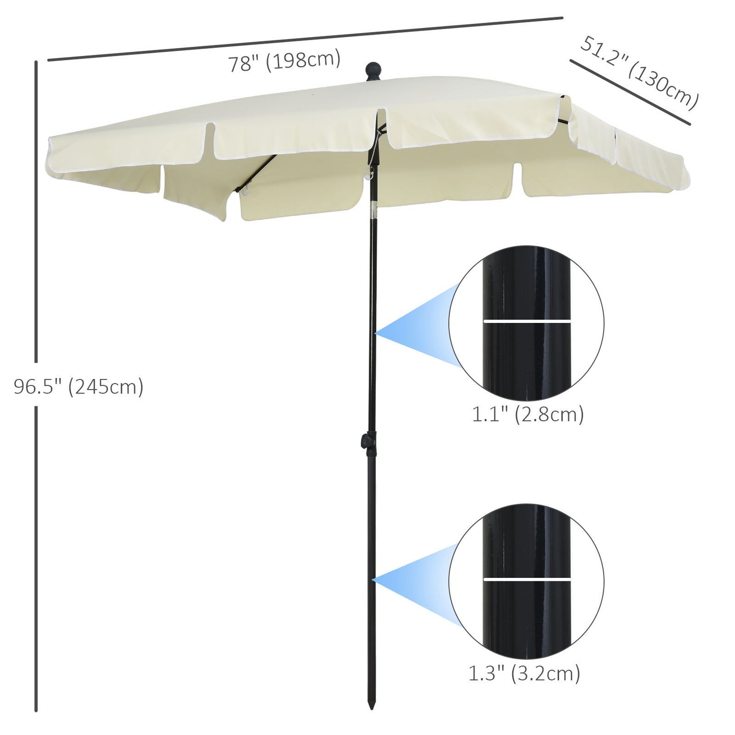 6.5x4ft Rectangle Patio Umbrella Aluminum Tilt Adjustable Garden Parasol Sun Shade Outdoor Canopy Cream White