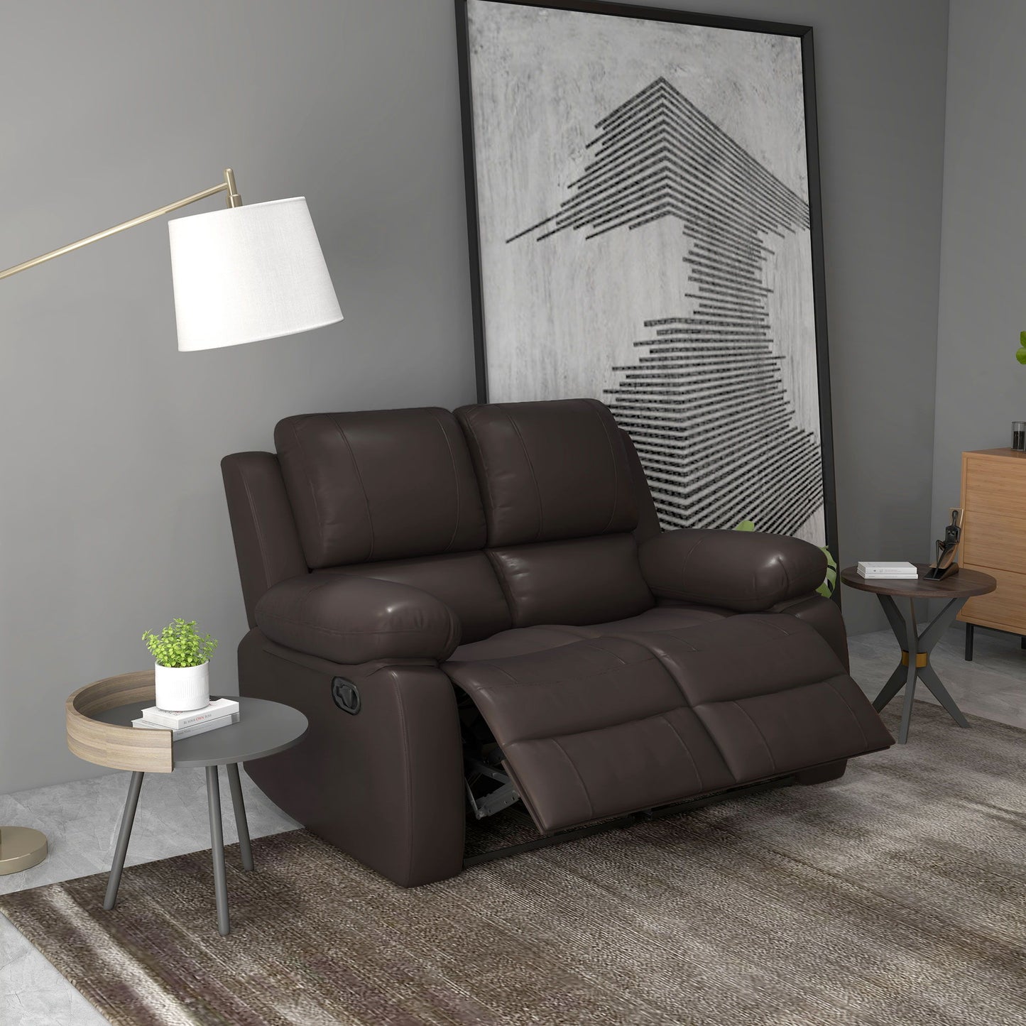 Reclining Loveseat Sofa with Pullback Control Footrest, Leather Manual Recliner for Living Room, Easy Cleaning & Assembly, Brown