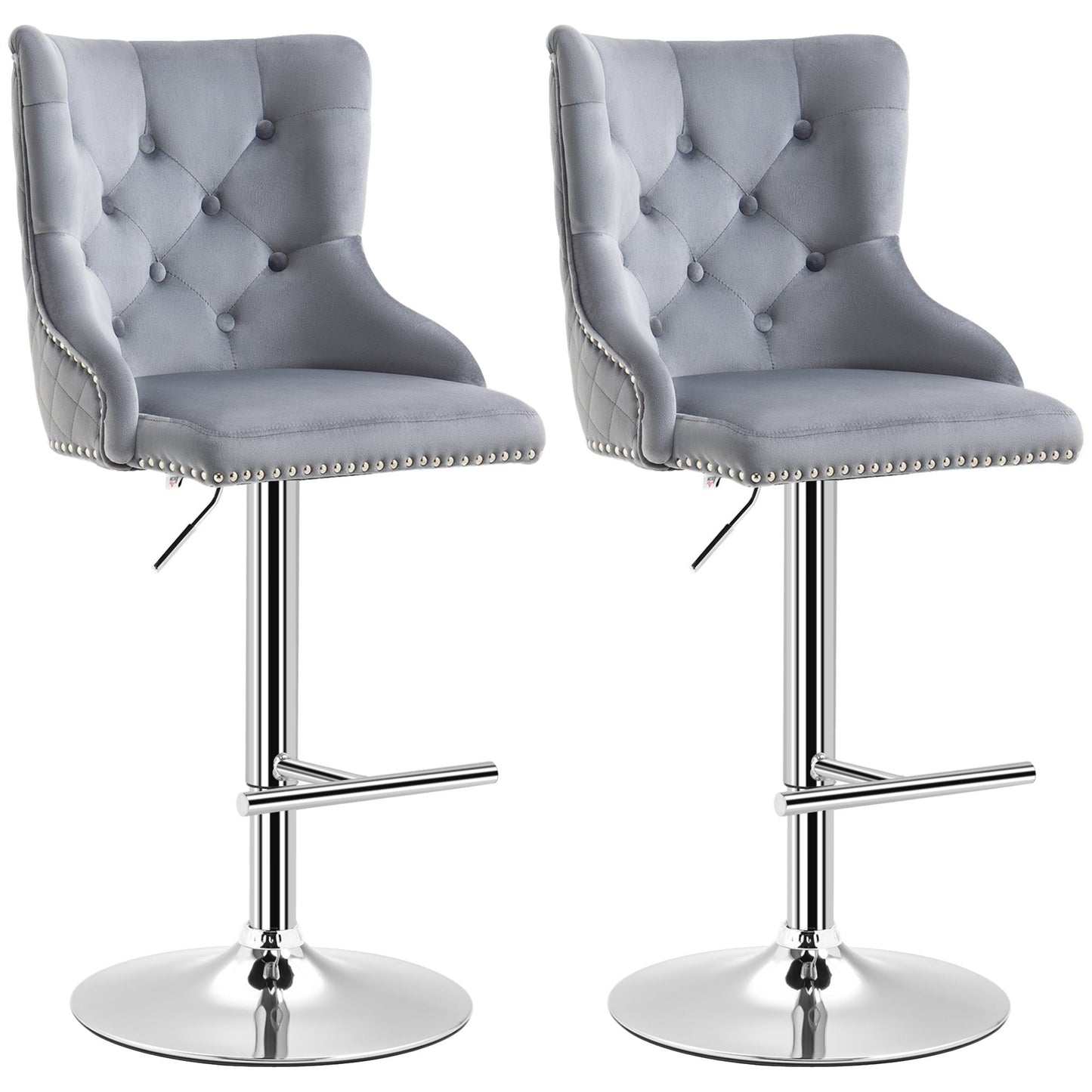Swivel Velvet Bar Stools Set of 2 with Nailhead Trim - Grey