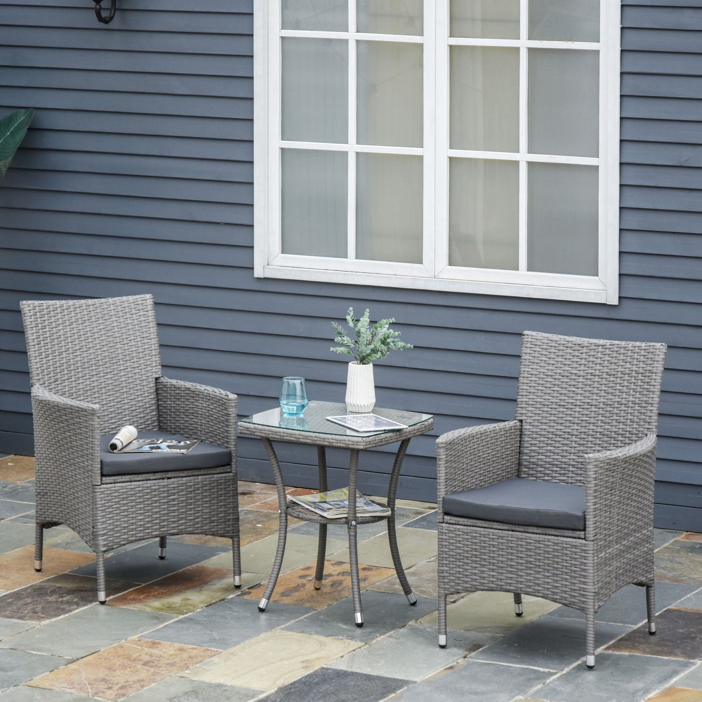 3 Pieces Wicker Patio Furniture Set, Rattan Bistro Set with Glass Top Coffee Table and Cushions, Outdoor Conversation Set for Garden, Porch, Balcony, Grey
