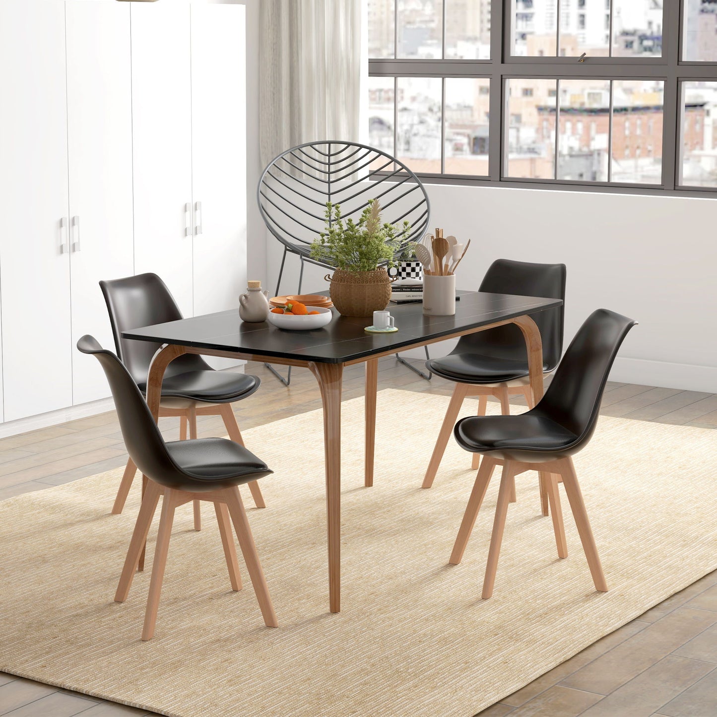 Modern Dining Table Chairs Set of 4, Rubber Wood Kitchen Table Chairs with PU Leather Cushion for Living Room, Bedroom