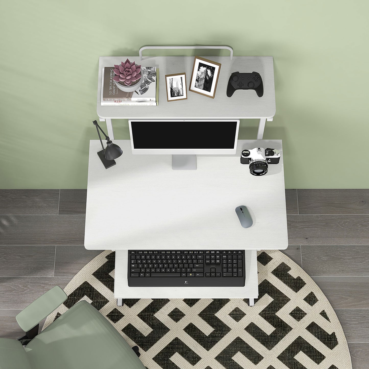 32" Mobile Computer Table, Rolling Study Desk for Home Office with Keyboard Tray, Storage Shelves, Wheels, White