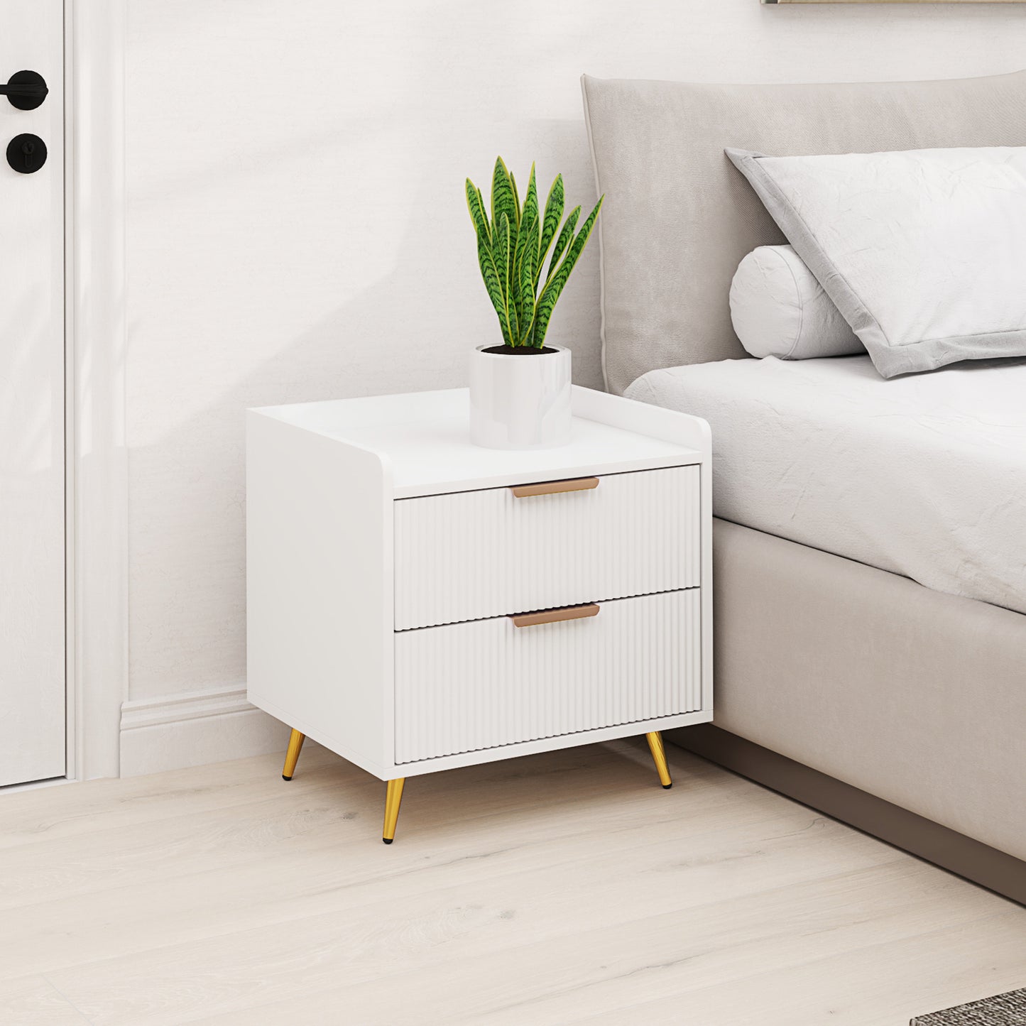 Bedside Table, Nightstand with 2 Drawers, Side End Table with Metal Legs for Bedroom, White
