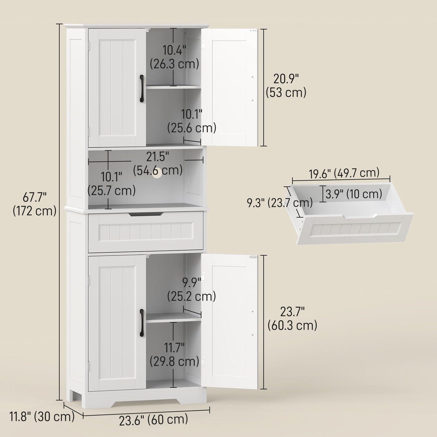68" Kitchen Buffet with Hutch and 4 Doors - White