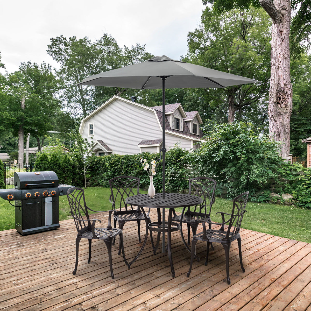 5 Pieces Outdoor Dining Set, Cast Aluminium Patio Table and Chairs with Parasol Hole, Patio Dining Set for 4, Brown