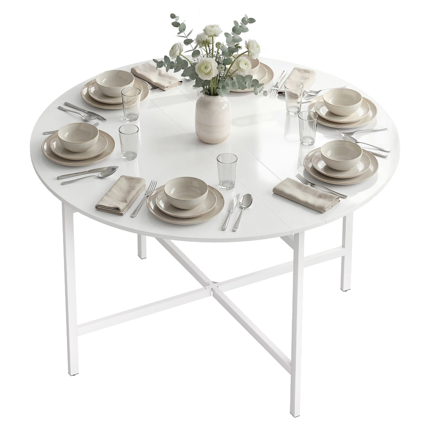 Folding Dining Table for 3-6 People, 47" Round Drop Leaf Kitchen Table with Steel Frame, White