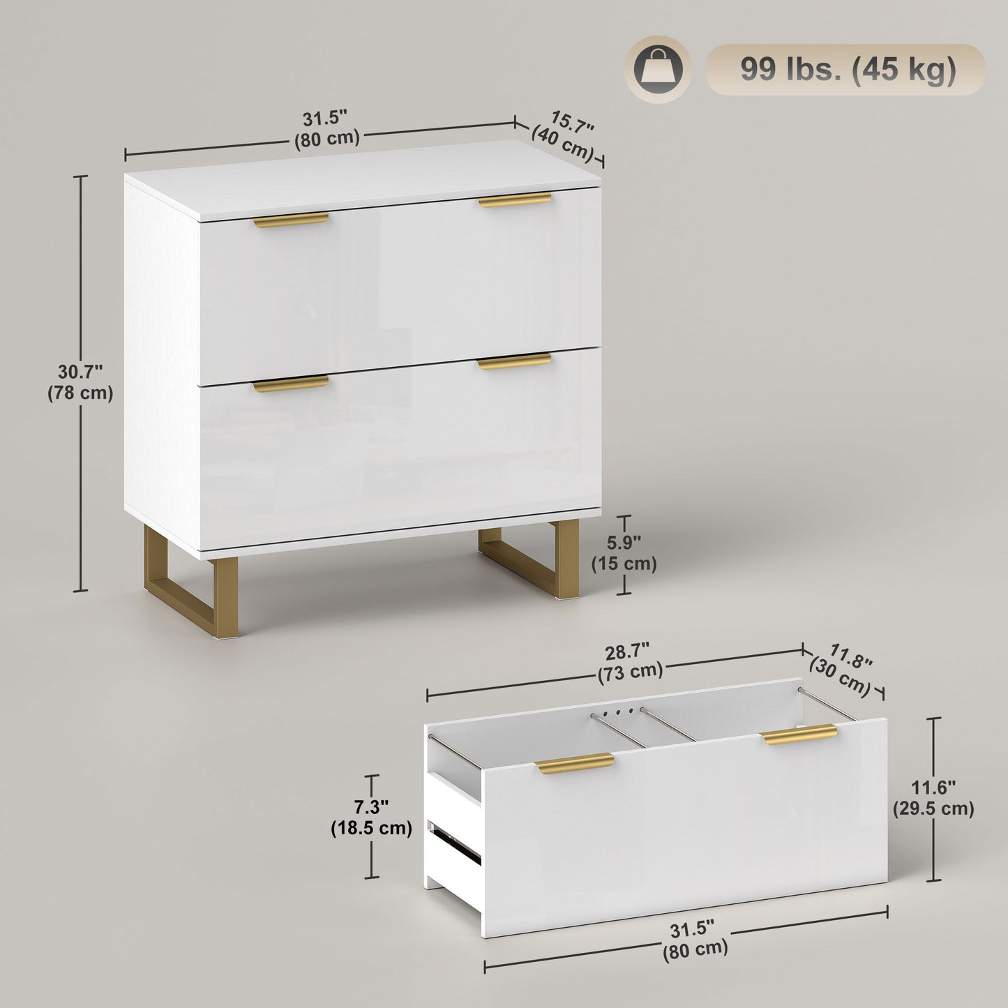Lateral File Cabinet with 2 Drawers, Modern Filing Cabinet for Letter/A4/Legal Size Files, High Gloss White