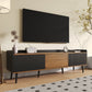 TV Stand with Three Doors, Raised Edge for Safety, Sturdy Wooden Legs, Modern Design, Easy to Install, 63" L x 15.5" W x 19.5" H, Black+Natural