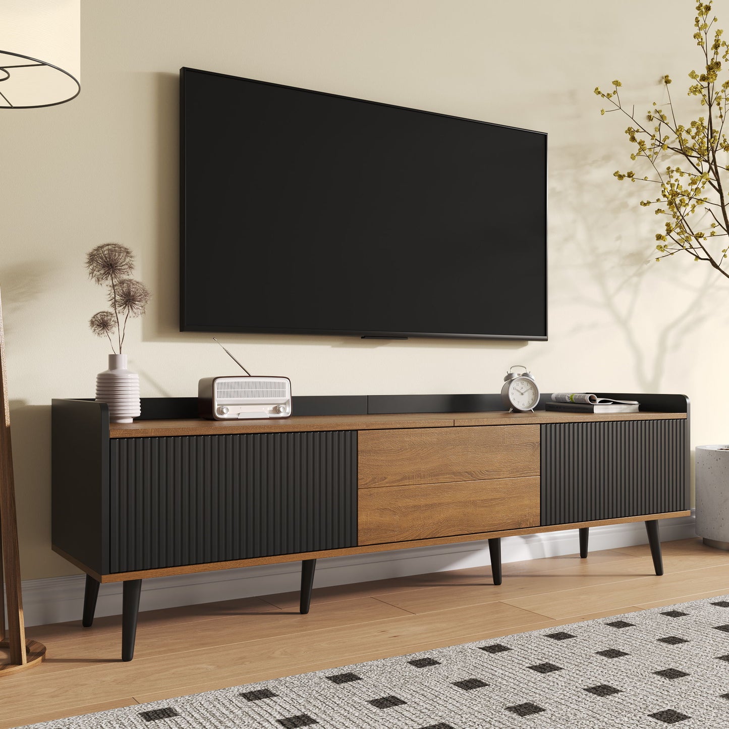 TV Stand with Three Doors, Raised Edge for Safety, Sturdy Wooden Legs, Modern Design, Easy to Install, 63" L x 15.5" W x 19.5" H, Black+Natural