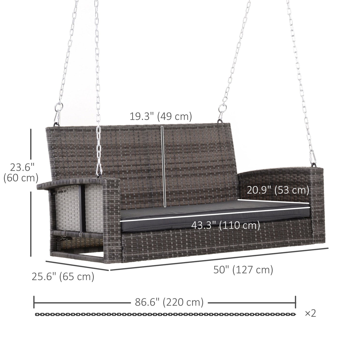 2-Person Patio Porch Swing Chair, Outdoor Rattan Hanging Bench with Cushion & 7.2 ft Steel Chains, Grey