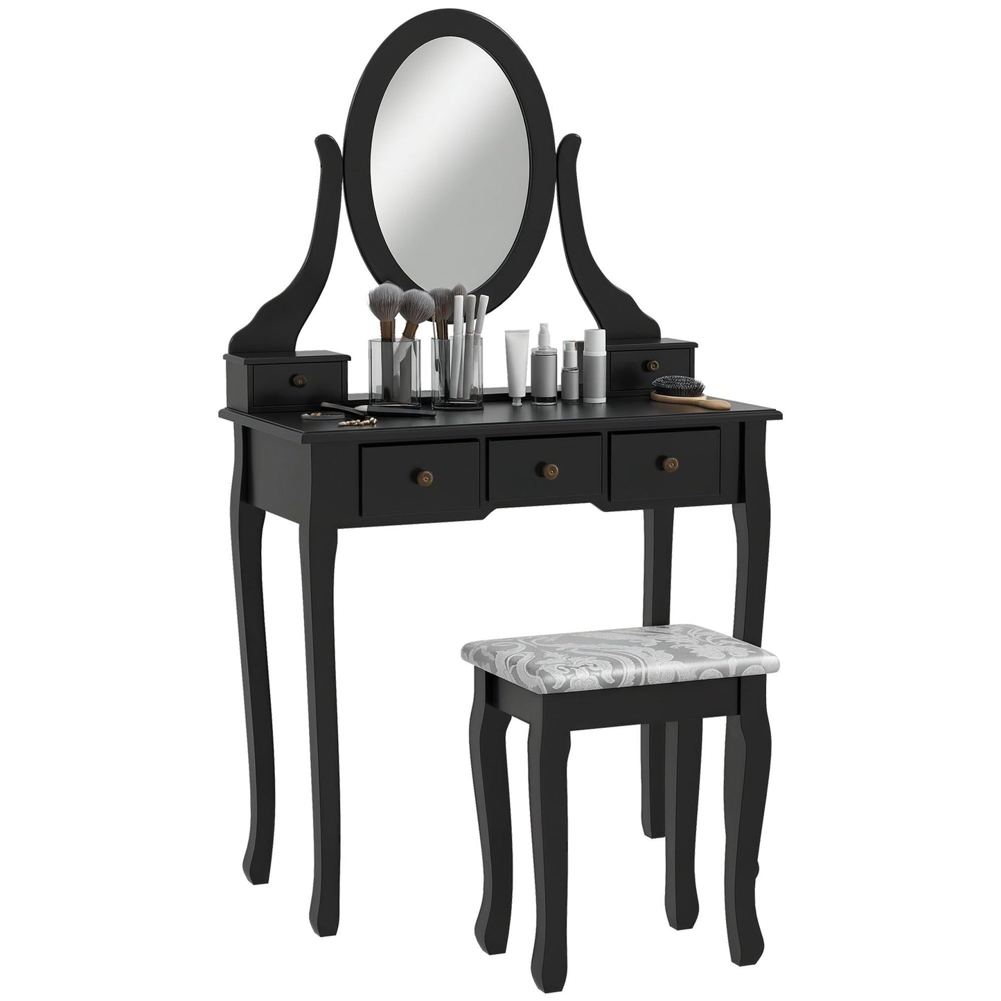 Vanity Desk with Rotating Mirror, 5 Drawers and Stool - Black